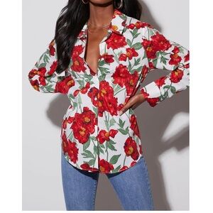 Floral Red and White Women's Top size XS NEW